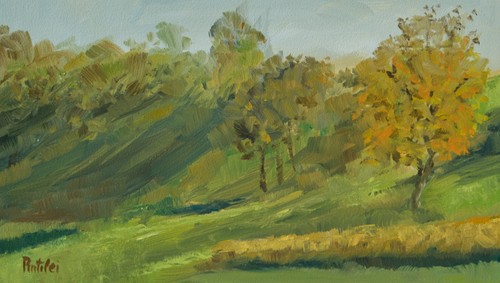 Landscape painting with trees and house