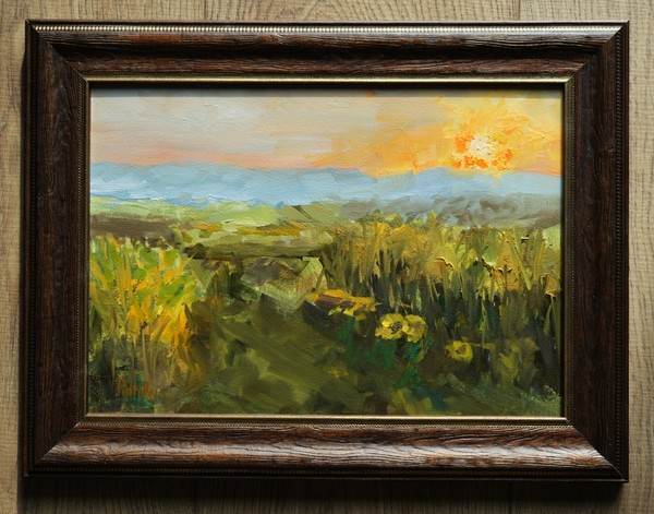 Sunset landscape painting framed